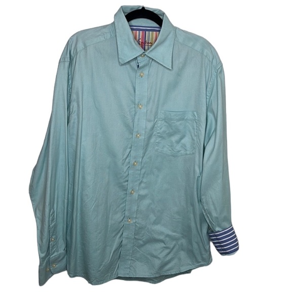 Robert Graham Teal Blue Striped Contrast Button Up Shirt Sz L - Picture 1 of 6